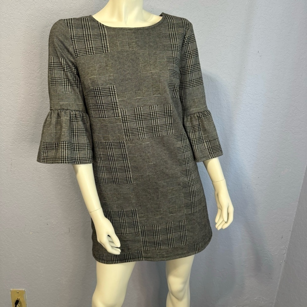 Gypsies & Moondust Plaid Ruffle 3/4 Sleeves Exposed Zipper Stretch Mini Dress